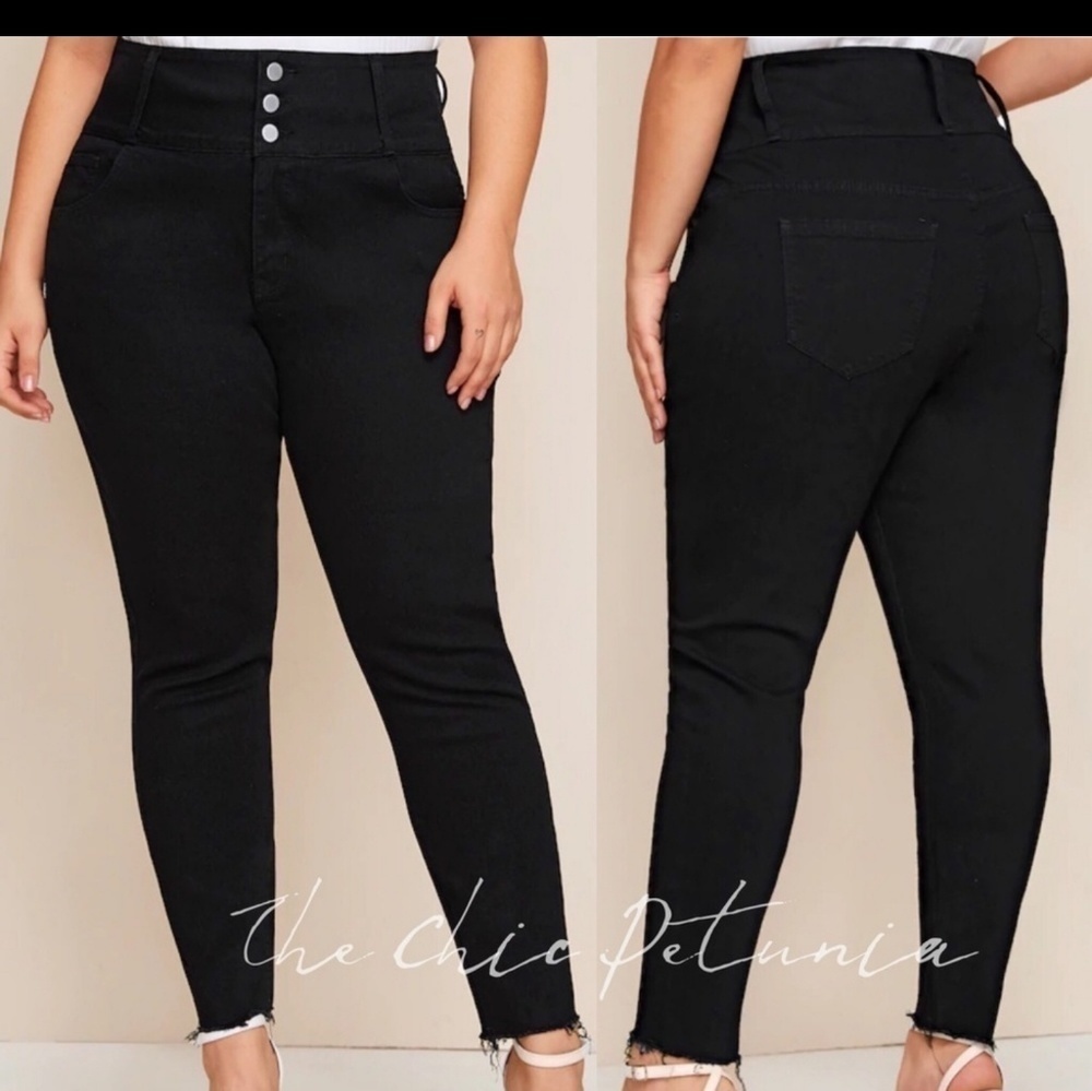 Plus Size Black skinny high waist frayed Edge‎ Pants